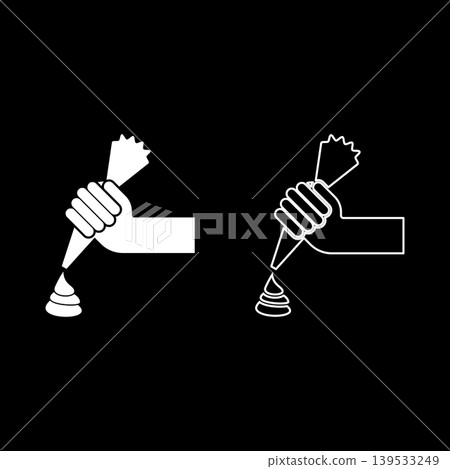 Pastry bag in hand for extraction cream squeeze icing set icon white color vector illustration image solid fill outline contour line thin flat style Pastry bag in hand for extraction cream squeeze icing set icon white color vector illustration image solid fill outline contour line thin flat style 139533249