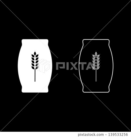 Sack with flour full canvas bag sugar salt grain wheat ear with grain package concept set icon white color vector illustration image solid fill outline contour line thin flat style Sack with flour full canvas bag sugar salt grain wheat ear with grain package concept set icon white color vector illustration image solid fill outline contour line thin flat style 139533256