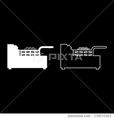 Deep fryer with mesh basket handle and french frie kitchen appliance for fast food concept roast product in hot oil Air fryer set icon white color vector illustration image solid fill outline contour 139533263