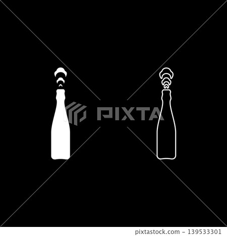 Bottle of champagne popping open set icon white color vector illustration image solid fill outline contour line thin flat style 139533301