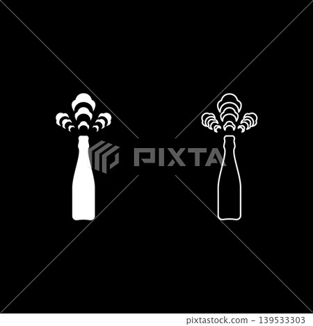 Bottle of champagne strong popping open set icon white color vector illustration image solid fill outline contour line thin flat style Bottle of champagne strong popping open set icon white color vector illustration image solid fill outline contour line thin flat style 139533303