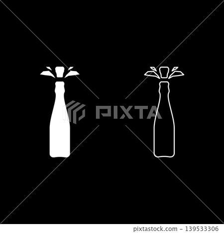 Bottle of champagne shot cork with splash set icon white color vector illustration image solid fill outline contour line thin flat style Bottle of champagne shot cork with splash set icon white color vector illustration image solid fill outline contour line thin flat style 139533306