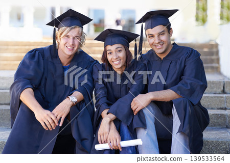 Graduation, portrait and students on steps with diploma at university campus with smile, diversity and education. School, success and happy group of friends with certificate for academic achievement. 139533564