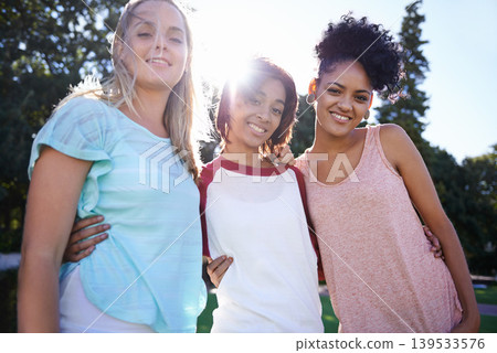 Hug, portrait or friends in park at college, campus or together with happiness, smile or group. University, academy or women bonding with support, joy or solidarity in education in garden together Hug, portrait or friends in park at college, campus or together with happiness, smile or group. University, academy or women bonding with support, joy or solidarity in education in garden together 139533576