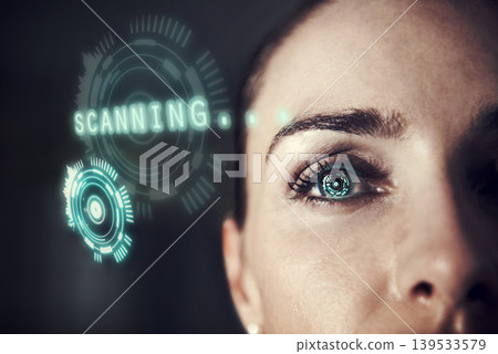 Woman, biometric eye scanning and overlay for identity, hologram and facial recognition for data safety. Person, cybersecurity and closeup of face in night, iris or verification check with software Woman, biometric eye scanning and overlay for identity, hologram and facial recognition for data safety. Person, cybersecurity and closeup of face in night, iris or verification check with software 139533579