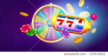 Slot Machine with Lucky Sevens. Casino Gaming Wheel of Fortune with Poker Chips and Gold Coins Slot Machine with Lucky Sevens. Casino Gaming Wheel of Fortune with Poker Chips and Gold Coins 139533601
