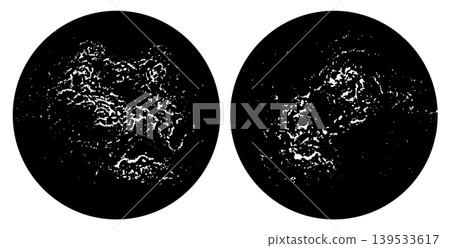 Set of Two Black and White Circular Galaxy Nebula Grunge Ink Texture Vector Illustrations with Abstract Cosmic Stardust Cloud Patterns 139533617