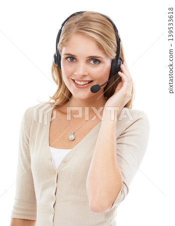 Call center, woman and portrait in studio for customer service, CRM questions or sales support on white background. Happy telemarketing agent, consultant and microphone for communication, FAQ or help Call center, woman and portrait in studio for customer service, CRM questions or sales support on white background. Happy telemarketing agent, consultant and microphone for communication, FAQ or help 139533618