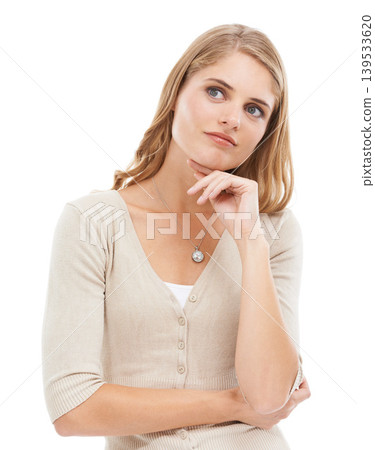 Woman, thinking and ideas in studio for planning insight, future decision and daydream of choice on white background. Curious model brainstorming solution, remember memory or inspiration of questions 139533620