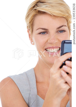 Phone, white background or happy woman on social media to chat on internet or website notification. News, smile or female entrepreneur in studio texting, networking or typing online on mobile app 139533638