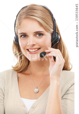 Woman, call center and portrait in studio with smile for customer support, CRM questions or IT help on white background. Telemarketing agent, happy consultant or microphone for FAQ, advice or contact 139533645