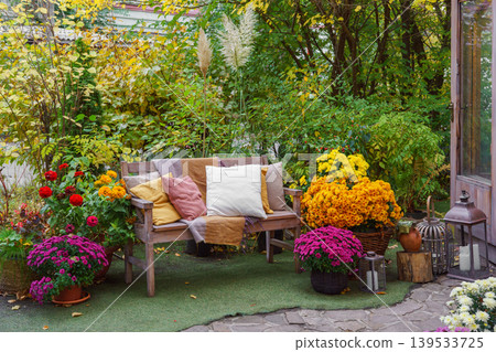Wooden garden bench with pillows among autumn flowers and colorful foliage in fall backyard Wooden garden bench with pillows among autumn flowers and colorful foliage in fall backyard 139533725