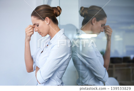Depression, headache and professional woman sad, tired and stress over company mistake, disaster or fail. Mental health risk, window reflection and administration worker overwhelmed with anxiety Depression, headache and professional woman sad, tired and stress over company mistake, disaster or fail. Mental health risk, window reflection and administration worker overwhelmed with anxiety 139533829