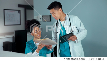 Folder, tablet and receptionist people, doctor or administration consulting on report, database or medicine study. Medical team, collaboration chat or clinic secretary talking about results documents 139533831