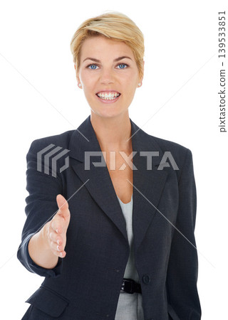 Businesswoman, handshake offer and portrait in studio, recruitment and welcome to company interview. Female person, hiring manager and hr employee by white background, meeting and face for onboarding Businesswoman, handshake offer and portrait in studio, recruitment and welcome to company interview. Female person, hiring manager and hr employee by white background, meeting and face for onboarding 139533851
