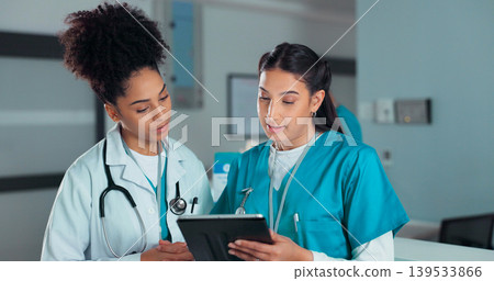 Teamwork, meeting and doctors on tablet online in hospital for research, report advice and telehealth. Healthcare, clinic and women talking on digital tech for medical service, results and discussion 139533866
