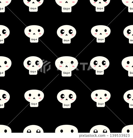 Cute Skull Seamless Pattern Vector Illustration, Kawaii Halloween Skeleton Background with Simple Cartoon Style Cute Skull Seamless Pattern Vector Illustration, Kawaii Halloween Skeleton Background with Simple Cartoon Style 139533923