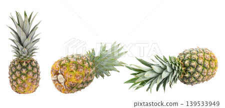 Fresh pineapple set isolated on white background, different angles Fresh pineapple set isolated on white background, different angles 139533949