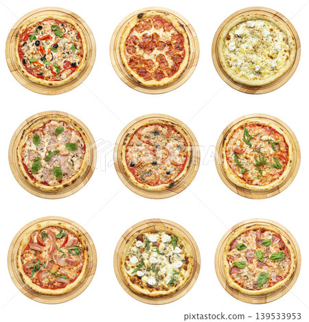 Set of different pizzas isolated on white background, top view 139533953