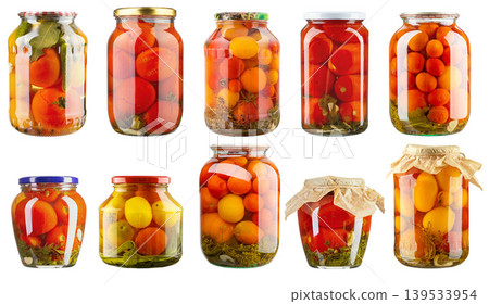 Pickled tomatoes in glass jars set isolated on white background 139533954