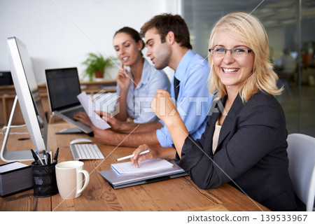 Portrait of happy woman in coworking space, workshop for planning and strategy in market research office. Team leader, professional business people and project manager at desk with smile on face. 139533967