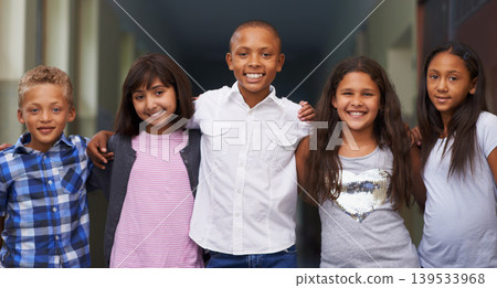 Group, student and portrait or happy in corridor with confidence or pride for learning, education or knowledge. Friends, people and face with smile or hug in building before class or ready to study Group, student and portrait or happy in corridor with confidence or pride for learning, education or knowledge. Friends, people and face with smile or hug in building before class or ready to study 139533968