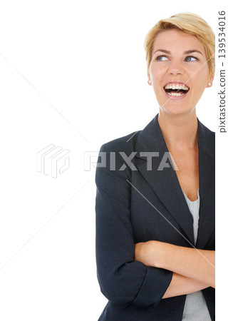 Business woman in studio, thinking with laugh and inspiration for professional startup on mockup. Brainstorming, planning and happy consultant with creative development idea on white background space 139534016