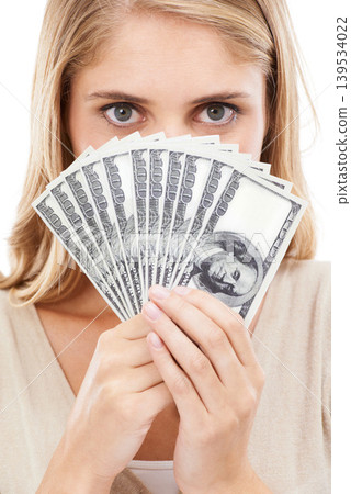 Face, woman and money fan for finance, prize or reward with achievement or success on white background. Winner with cash in hands, eyes and dollar bills for financial freedom with bonus in studio Face, woman and money fan for finance, prize or reward with achievement or success on white background. Winner with cash in hands, eyes and dollar bills for financial freedom with bonus in studio 139534022