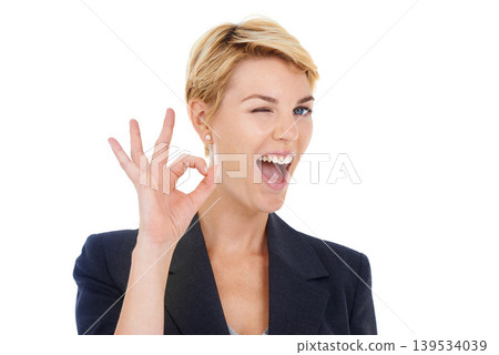 Businesswoman, okay and agreement in studio, portrait and approval emoji by white background. Female person, employee and wink or symbol for promotion, feedback and satisfaction or corporate victory Businesswoman, okay and agreement in studio, portrait and approval emoji by white background. Female person, employee and wink or symbol for promotion, feedback and satisfaction or corporate victory 139534039