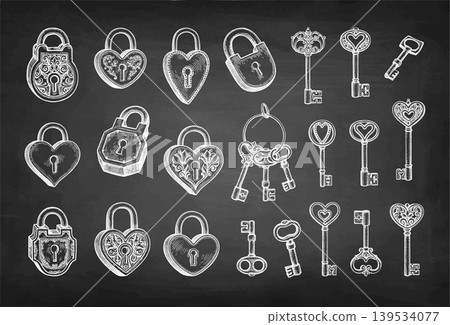 Vintage padlocks and keys. Chalk sketches big set Vintage padlocks and keys. Chalk sketches big set 139534077