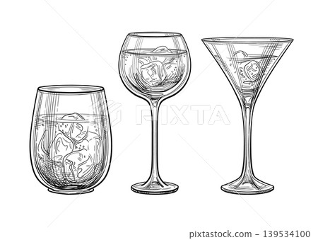 Three hand-drawn cocktail glasses ink sketch 139534100