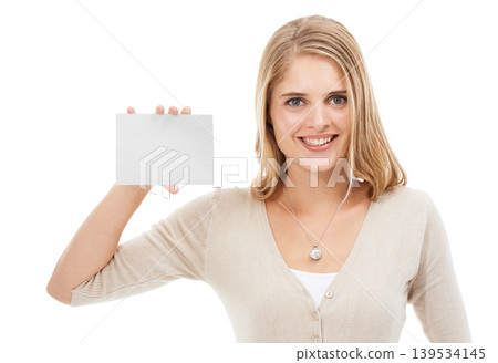 Portrait, woman and review with blank poster, promotion and opportunity isolated on white studio background. Face, person and model with mockup space, announcement or billboard with feedback or smile Portrait, woman and review with blank poster, promotion and opportunity isolated on white studio background. Face, person and model with mockup space, announcement or billboard with feedback or smile 139534145