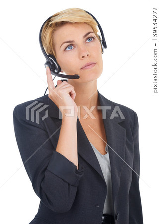 Woman, headset and call centre consultant in studio, customer service and crm by white background. Female person, operator and telemarketing agent or representative, hotline and technical support Woman, headset and call centre consultant in studio, customer service and crm by white background. Female person, operator and telemarketing agent or representative, hotline and technical support 139534272
