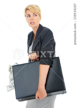Suitcase, money or businesswoman in studio walking for illegal payment, deal or secret scam. Scared, white background or financial manager with cash or dollars for bribery, corruption fraud or crime Suitcase, money or businesswoman in studio walking for illegal payment, deal or secret scam. Scared, white background or financial manager with cash or dollars for bribery, corruption fraud or crime 139534287