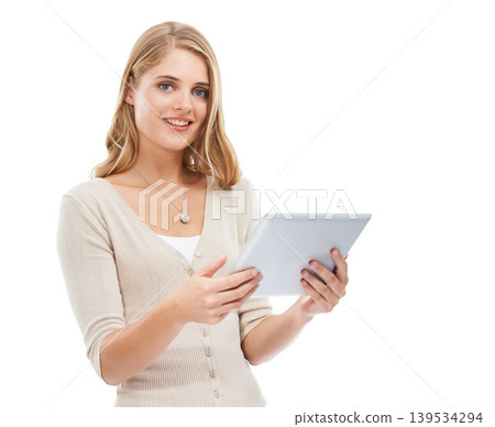 Portrait, smile and woman with a tablet, typing and internet isolated on a white studio background. Face, person and model with technology, mockup space and social media with digital app and network Portrait, smile and woman with a tablet, typing and internet isolated on a white studio background. Face, person and model with technology, mockup space and social media with digital app and network 139534294
