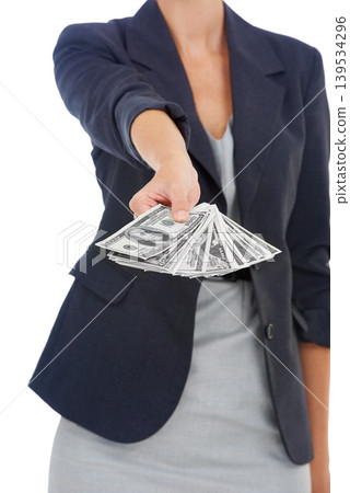 Hands of business woman with cash, dollars and bonus prize giveaway isolated on white background. Money, budget and economic resources, lady with financial freedom or credit funding payment in studio 139534296