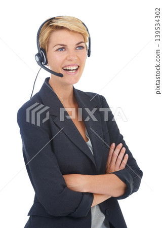 Woman, crm and call centre headset in studio, customer service and operator by white background. Female person, consultant and telemarketing agent or representative, advisor and technical support Woman, crm and call centre headset in studio, customer service and operator by white background. Female person, consultant and telemarketing agent or representative, advisor and technical support 139534302