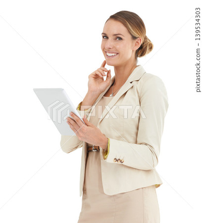 Professional woman, tablet and portrait in studio for online planning, research and stock market investment. Business trader thinking of solution or idea with digital technology on a white background Professional woman, tablet and portrait in studio for online planning, research and stock market investment. Business trader thinking of solution or idea with digital technology on a white background 139534303