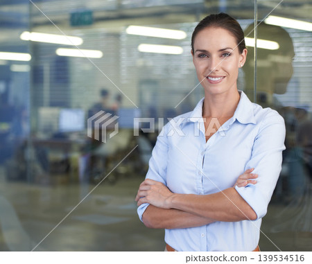 Portrait of happy businesswoman with arms crossed, mockup and confidence in job at digital agency. Advisor, professional female in tech startup or project manager in office space with smile on face. Portrait of happy businesswoman with arms crossed, mockup and confidence in job at digital agency. Advisor, professional female in tech startup or project manager in office space with smile on face. 139534516