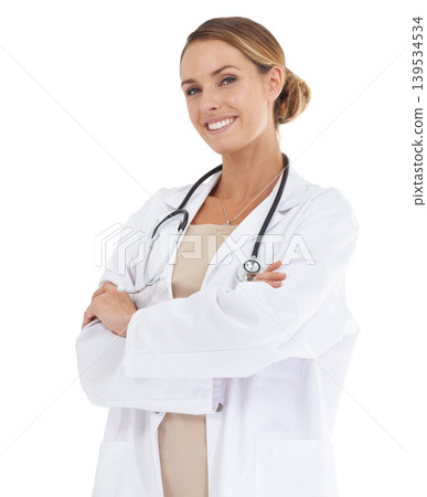 Doctor, happy woman or arms crossed in studio or portrait with confidence in medical career as cardiologist. Pride, coat or medicine consultant with smile or healthcare isolated on white background 139534534