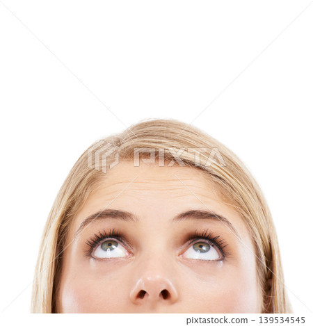 Thinking, eyes and woman in studio looking up at mockup for brainstorming on white background. Face, curious model and ideas for solution, problem solving or space for presentation, choice and vision Thinking, eyes and woman in studio looking up at mockup for brainstorming on white background. Face, curious model and ideas for solution, problem solving or space for presentation, choice and vision 139534545