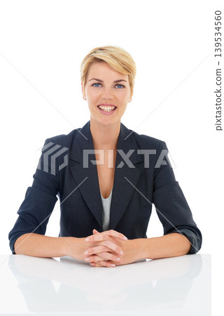 Job interview, white background or portrait of a happy businesswoman at desk for recruitment or hiring. Table, corporate, worker or professional lady with confidence or company isolated in studio Job interview, white background or portrait of a happy businesswoman at desk for recruitment or hiring. Table, corporate, worker or professional lady with confidence or company isolated in studio 139534560