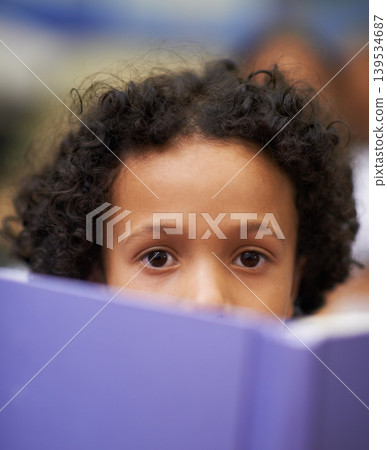 Child, literature and reading for development in portrait, information and knowledge in classroom. Boy, student and learning or studying in closeup, academy and notebook for education and growth Child, literature and reading for development in portrait, information and knowledge in classroom. Boy, student and learning or studying in closeup, academy and notebook for education and growth 139534687