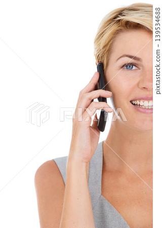 Businesswoman, phone call and conversation in studio portrait, communication and smile by white background. Happy female person, half face and smartphone for networking, discussion and technology Businesswoman, phone call and conversation in studio portrait, communication and smile by white background. Happy female person, half face and smartphone for networking, discussion and technology 139534688