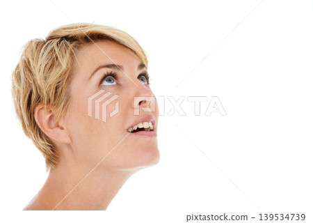 Woman, face and looking up on mockup space for news, notification or alert on a white studio background. Closeup of young female person, model or blonde smile in wonder, thinking or sight for vision Woman, face and looking up on mockup space for news, notification or alert on a white studio background. Closeup of young female person, model or blonde smile in wonder, thinking or sight for vision 139534739