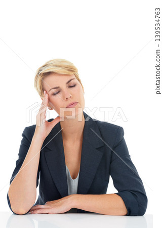 Business woman, stress or headache in studio for challenge, disaster or mental health on white background. Worker, burnout and frustrated for vertigo, brain fog or doubt wrong mistake at mockup space Business woman, stress or headache in studio for challenge, disaster or mental health on white background. Worker, burnout and frustrated for vertigo, brain fog or doubt wrong mistake at mockup space 139534763