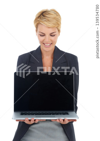 Business woman, computer screen and mockup in studio for presentation, human resources software and job information. Professional worker with laptop and space for career FAQ on a white background 139534780