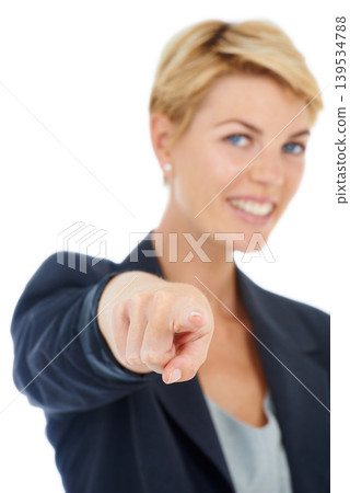 Portrait, happy or businesswoman or pointing to you for recruitment on white background in studio. Hand, smile or worker with gesture, choice or promotion showing an opportunity, pick or selection Portrait, happy or businesswoman or pointing to you for recruitment on white background in studio. Hand, smile or worker with gesture, choice or promotion showing an opportunity, pick or selection 139534788