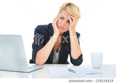 Business woman stress at laptop, paperwork and audit report for bankruptcy in studio on white background. Frustrated accountant, computer or worry of tax documents, debt crisis or financial challenge Business woman stress at laptop, paperwork and audit report for bankruptcy in studio on white background. Frustrated accountant, computer or worry of tax documents, debt crisis or financial challenge 139534814