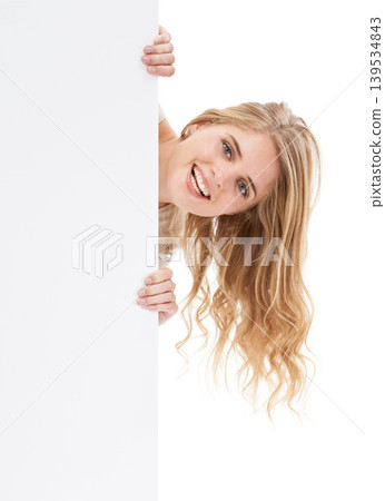 Portrait, woman and opportunity with blank poster, promotion and information isolated on a white studio background. Face, person and model with mockup space, announcement and billboard with review Portrait, woman and opportunity with blank poster, promotion and information isolated on a white studio background. Face, person and model with mockup space, announcement and billboard with review 139534843